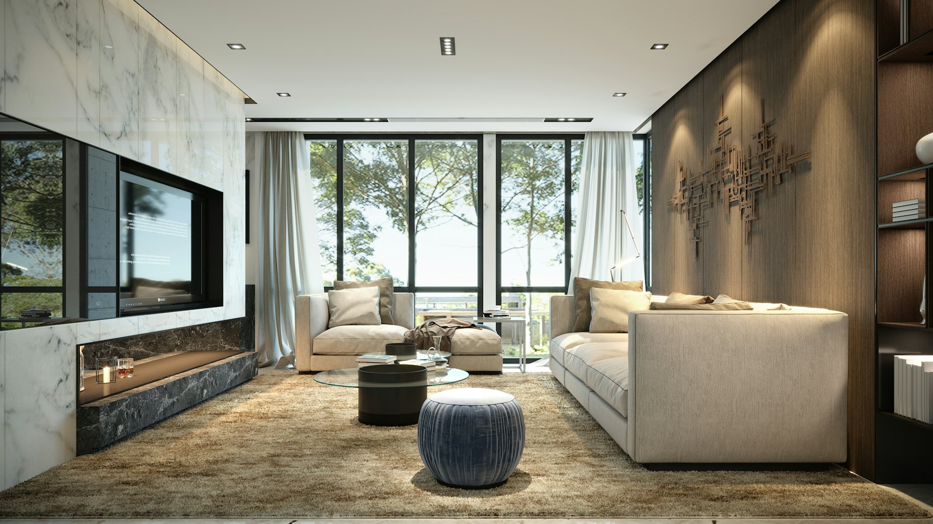 Salon contemporain avec grandes baies vitrées à Cannes